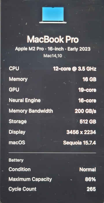 Apple MacBook Pro 16" 2023 A2780 M2 Pro 16 GB RAM 512 GB SSD READ