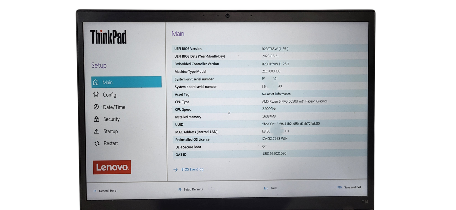 ThinkPad T14 Gen 3 Ryzen 5 Pro 6650U|16GB DDR5|256GB NVME W/AC