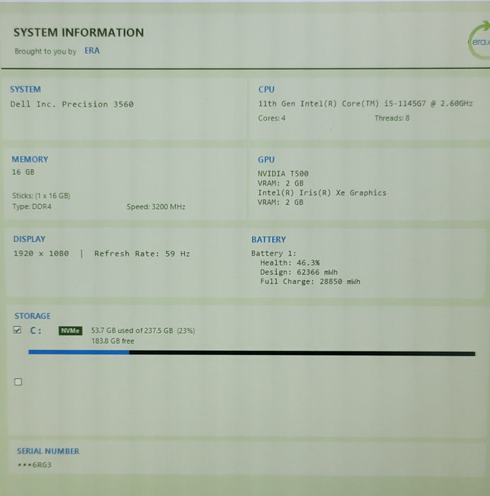 Dell Precision 3560 i5-1145G7 16GB DDR4 T500 256GB NVMe READ