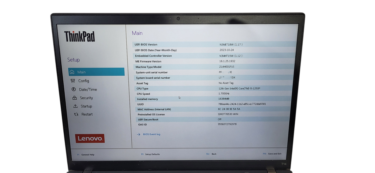 Lenovo ThinkPad T14 Gen 3 i5-1250P CPU|16GB DDR4|256GB W/AC