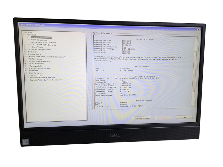 Dell OptiPlex 5270 AIO | i7-9700 @3.00GHz, 16GB DDR4, 256GB NVMe *No Stand*