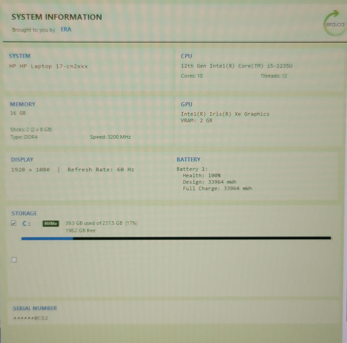 HP Laptop 17" cn2008ca i5-1235U 16GB DDR4 256GB NVMe READ