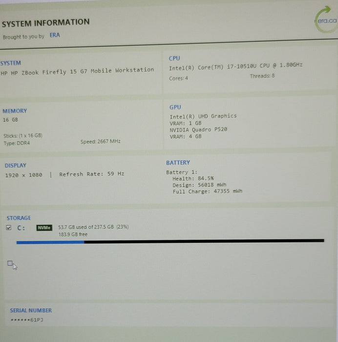 HP ZBook Firefly 15 G7 i7-10510U 16GB DDR4 Quadro P520 256GB NVMe READ