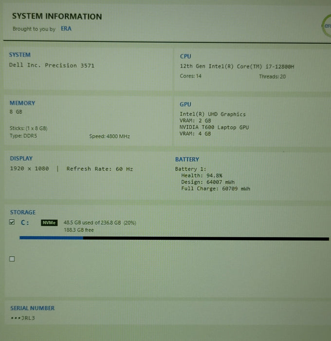 Dell Precision 3571 i7-12800H 8GB DDR5 NVIDIA T600 256GB NVMe No Adapter*