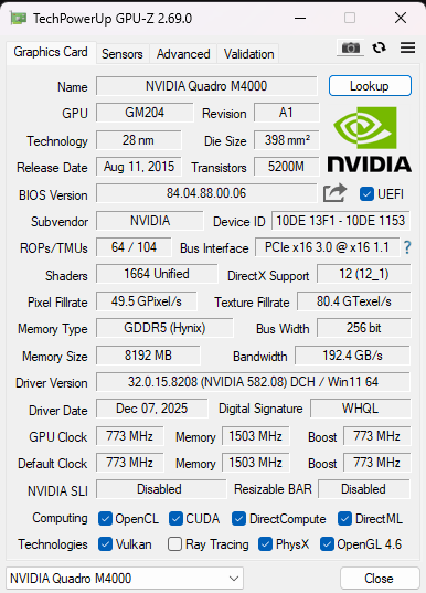 NVIDIA Quadro M4000 8GB GDDR5 Graphics Card - 4xDP