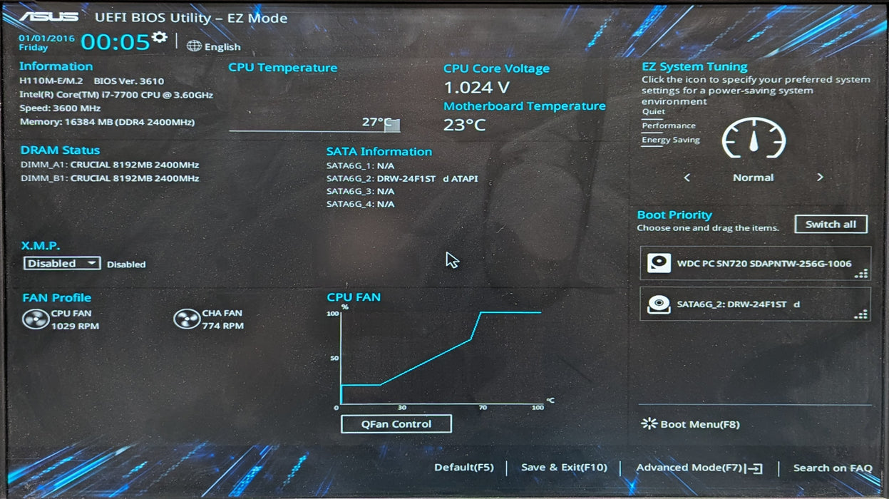 Custom PC, ASUS H110M-E/M.2, i7-7700 3.60GHz, 16GB DDR4, 256GB NVMe, K620