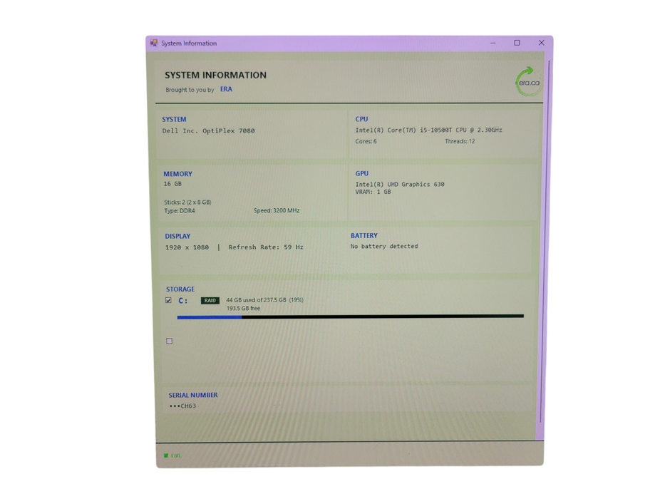 Dell OptiPlex 7080 - Core i5-10500T 16GB DDR4 256GB NVMe