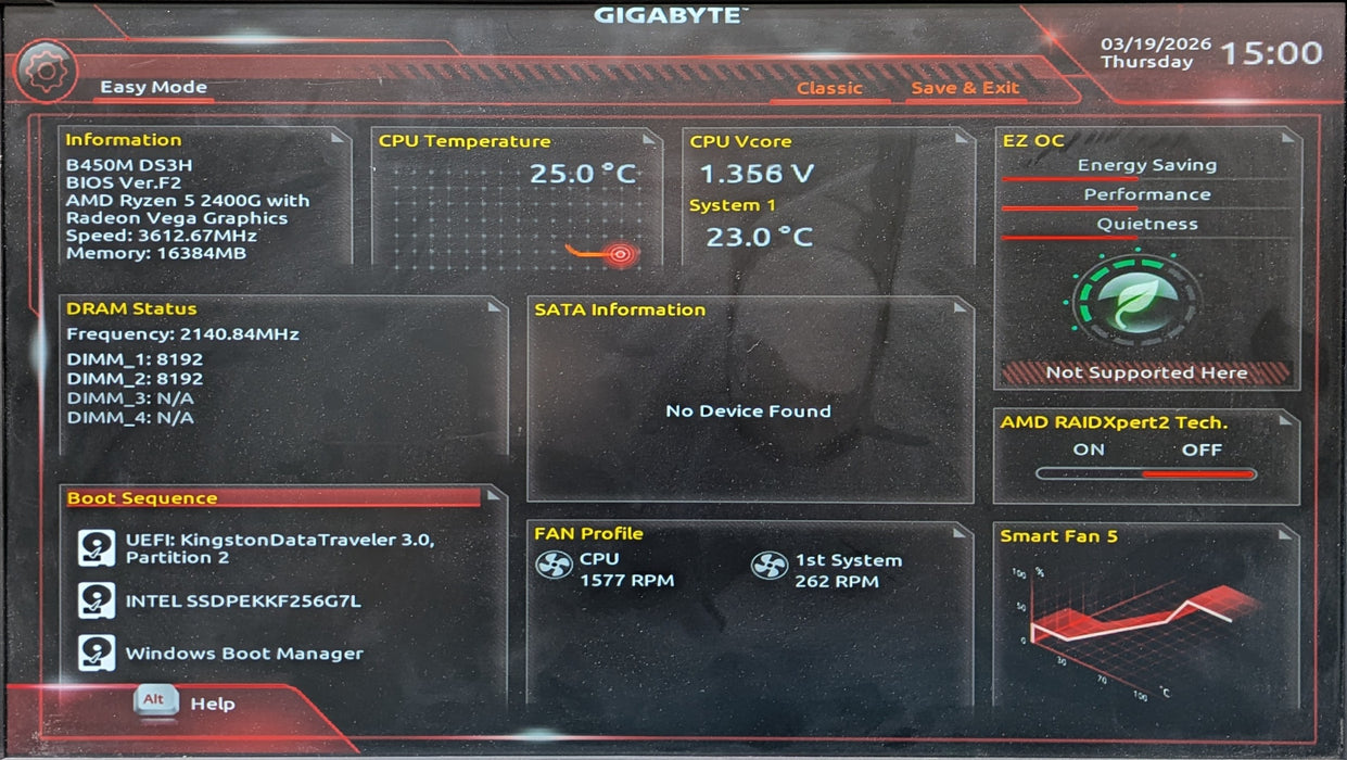 Custom PC, Gigabyte B450M DS3H, Ryzen 5 2400G, 16GB DDR4, 256GB NVMe, 650W
