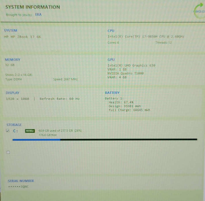 HP ZBook 17 G6 i7-9850H 32GB DDR4 Quadro T1000 256GB NVMe READ