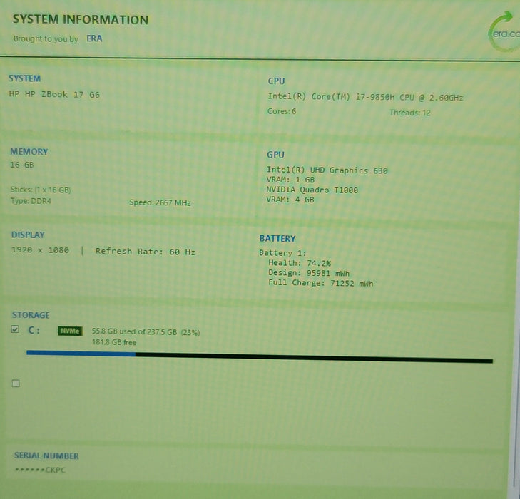HP ZBook 17 G6 i7-9850H 32GB DDR4 Quadro T1000 256GB NVMe READ
