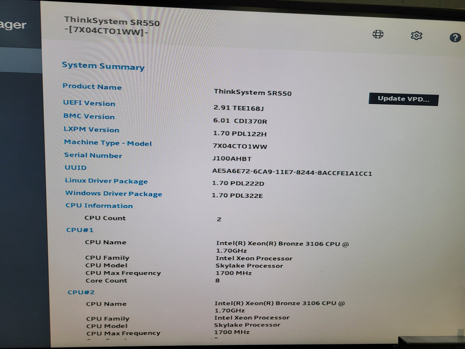 Lenovo ThinkSystem SR550 - 2x Xeon Bronze 3106 24GB DDR4 530-8i RAID 2x750W PSU