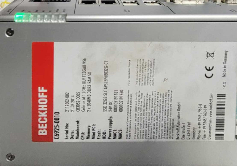 BECKHOFF C6925-0010 Celeron M 1.2GHz, 4GB RAM, 32GB SSD PLC Module _