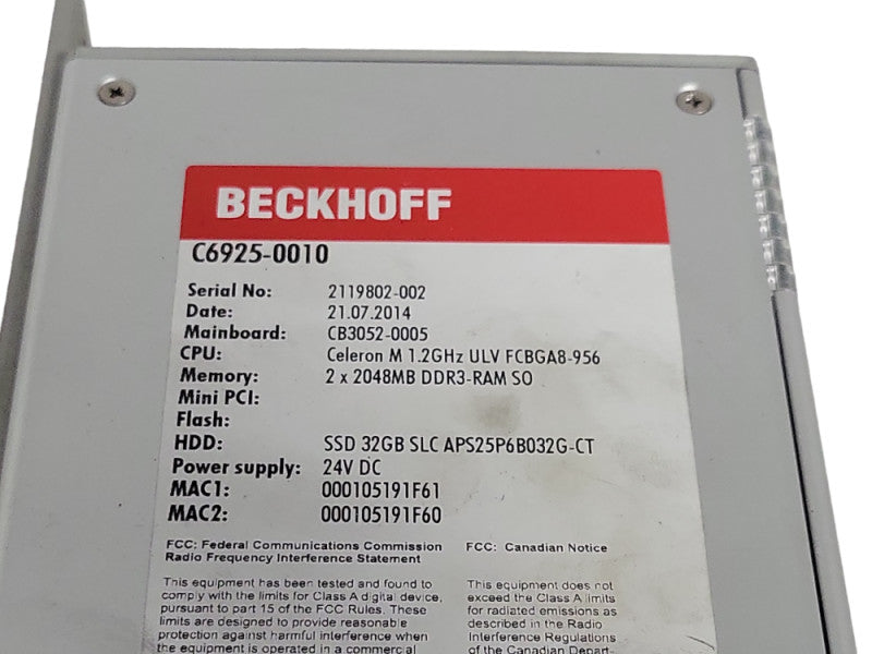 BECKHOFF C6925-0010 Celeron M 1.2GHz, 4GB RAM, 32GB SSD PLC Module _