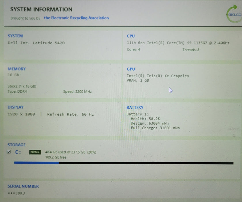 Dell Latitude 5420 Core i5-1135G7 2.40GHz 16GB RAM 256GB READ  Lap200