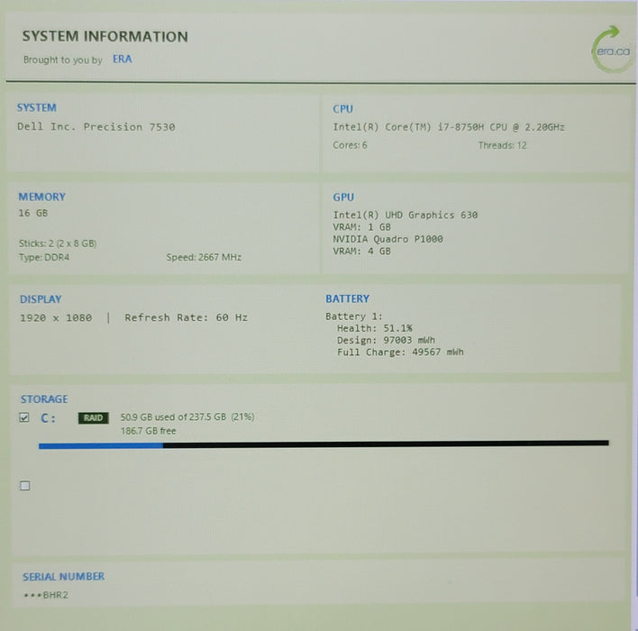 Dell Precision 7530 i7-8750H 16GB DDR4 Quadro P1000 256GB NVMe READ