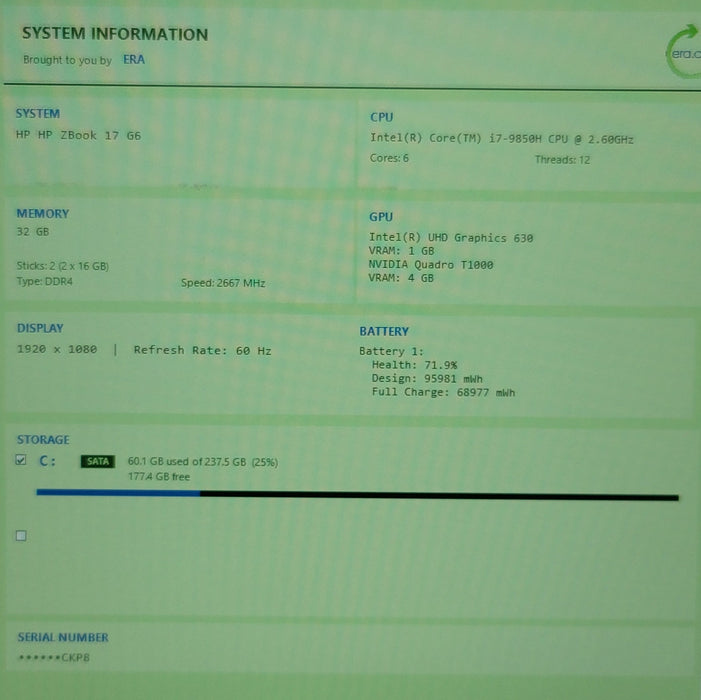 HP ZBook 17 G6 i7-9850H 32GB DDR4 Quadro T1000 256GB NVMe READ