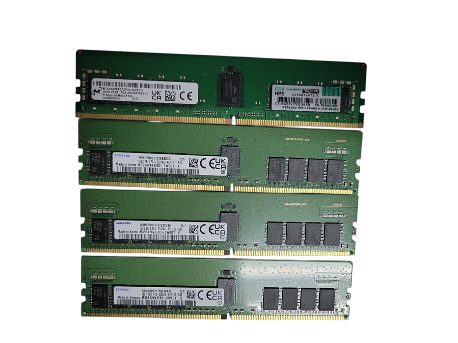 Lot of 4x (3x Samsung and Micron) 16GB 2Rx8 PC4-3200AA-RE2 DDR4 Server RAMs