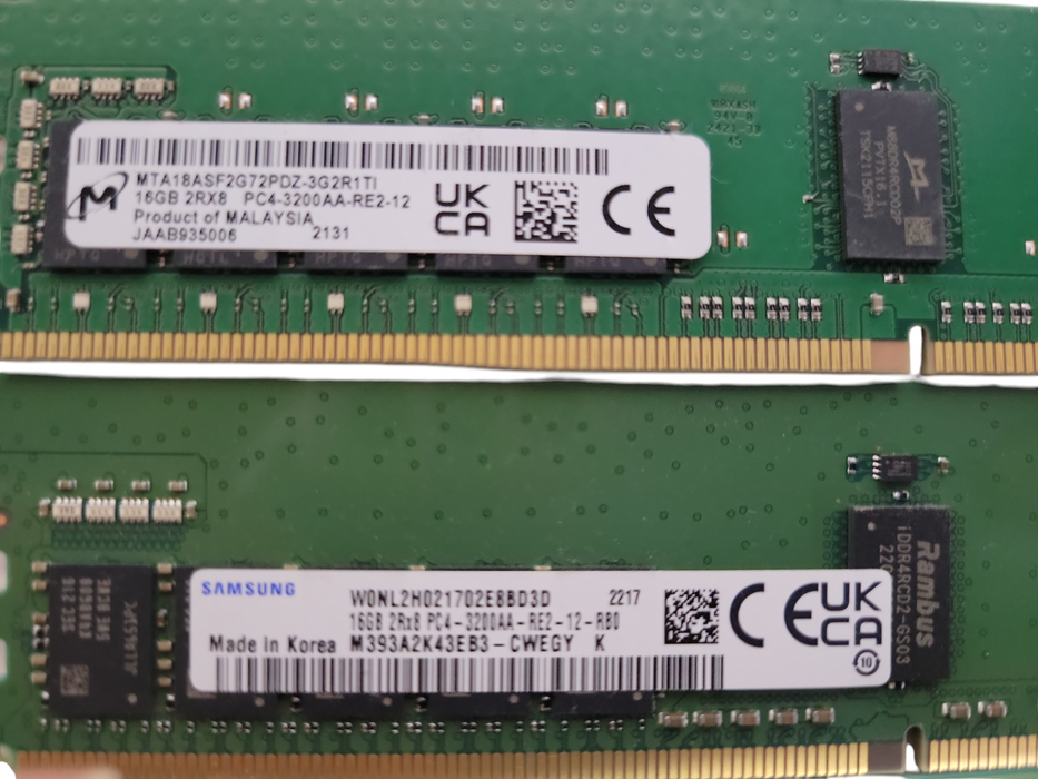 Lot of 4x (3x Samsung and Micron) 16GB 2Rx8 PC4-3200AA-RE2 DDR4 Server RAMs