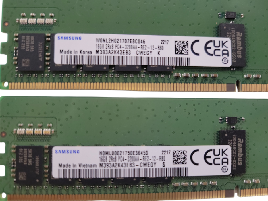 Lot of 4x (3x Samsung and Micron) 16GB 2Rx8 PC4-3200AA-RE2 DDR4 Server RAMs