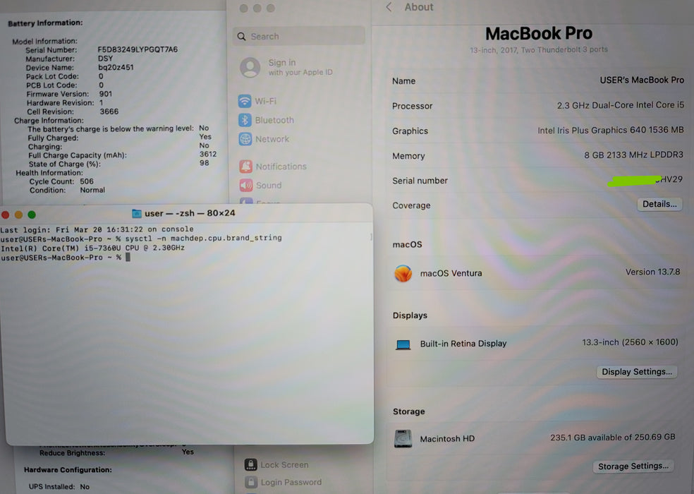 Apple Macbook Pro 13" 2017 A1708 i5-7360U 8GB RAM 256GB SSD