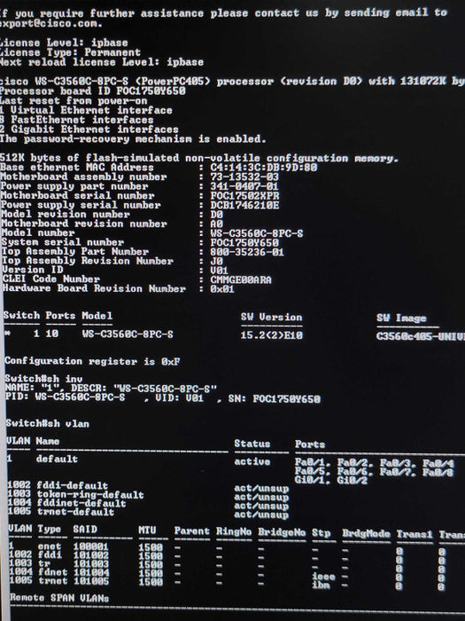 Cisco WS-C3560C-8PC-S V01 8 Port Catalyst 3560-CG Series PoE Ethernet Switch Q_