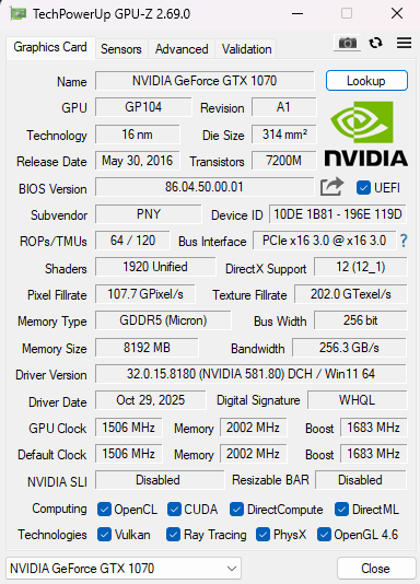 PNY GeForce GTX 1070 8GB GDDR5 Graphics Card