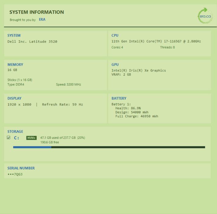 Dell Latitude 3520 i7-1165G7 2.8GHz, 16GB DDR4, 256GB NVMe, READ