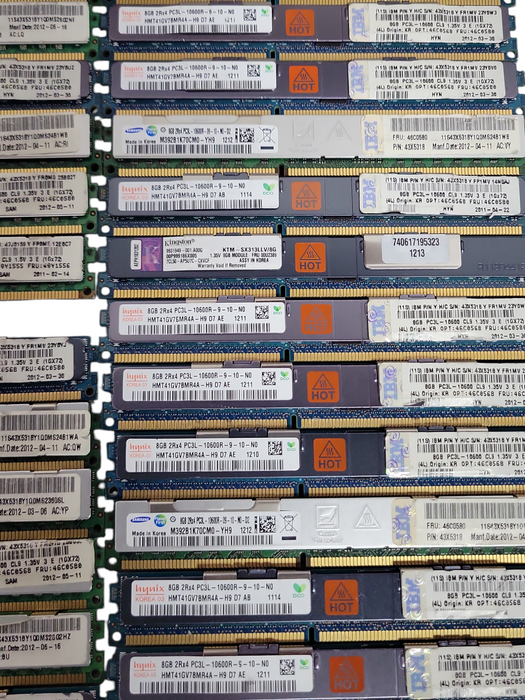 Lot of 157x Assorted Brand/model 8GB 2Rx4 PC3/PC3L 8500R/10600R DDR3 Server RAMs