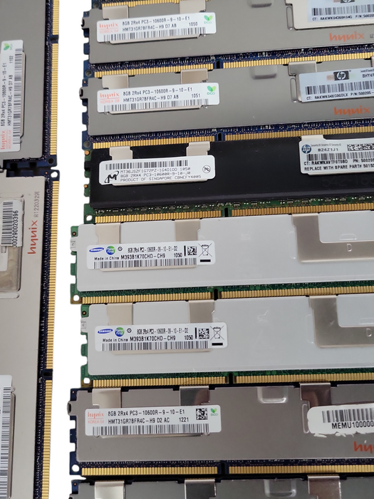 Lot of 157x Assorted Brand/model 8GB 2Rx4 PC3/PC3L 8500R/10600R DDR3 Server RAMs