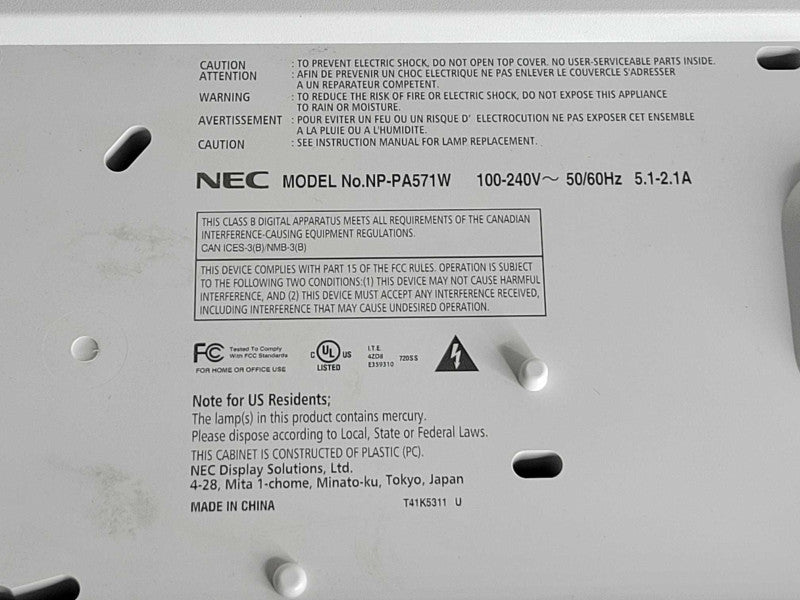 NEC NP-PA571W WXGA 5700 Lumens Projector 1033 Lamp Hours, No Remote _