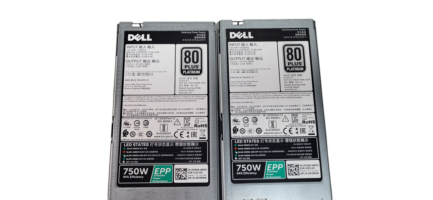 Pair of Dell E750E-S1 POWEREDGE Power Supply 750W DP /N 0PJMDN