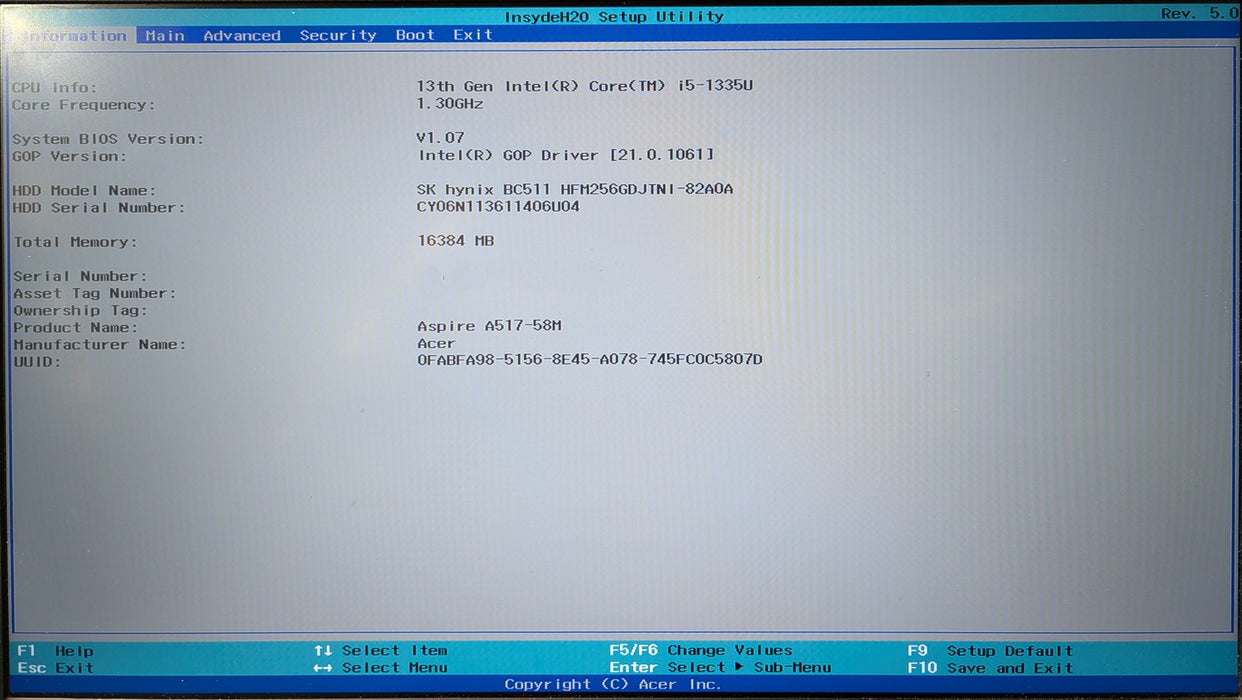 Acer Aspire A517-58M, i5-1335U, 16GB DDR5, 256GB NVMe, No PWR