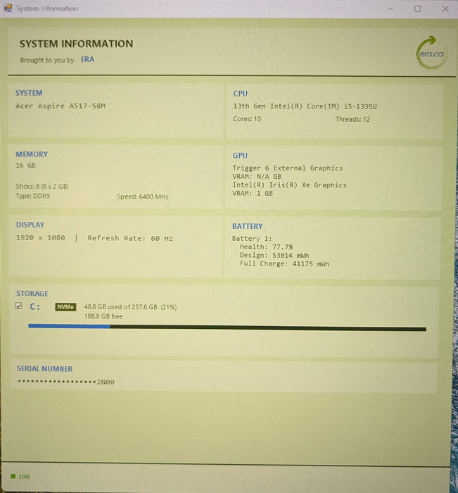 Acer Aspire A517-58M, i5-1335U, 16GB DDR5, 256GB NVMe, No PWR