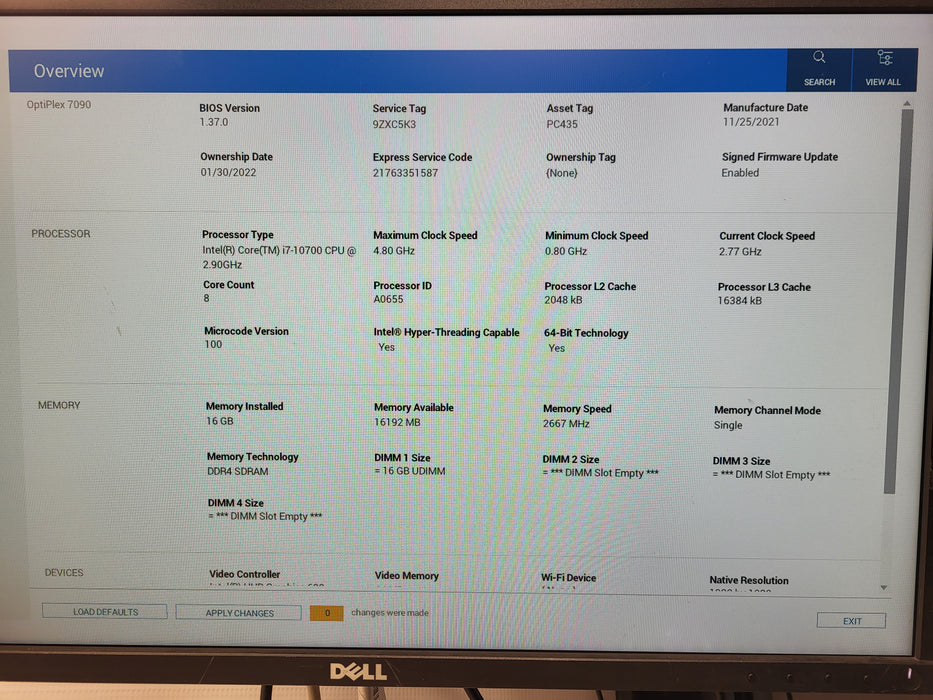 Dell OptiPlex 7090, i7-10700@2.90GHz, 16GB DDR4, 256GB NVMe