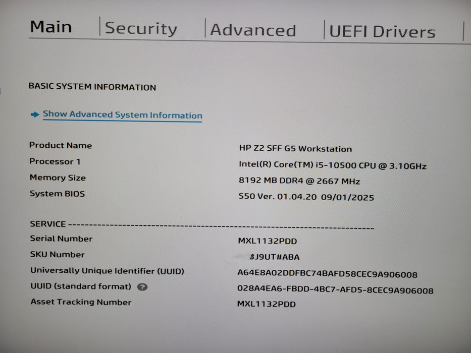 HP Z2 SFF G5 Workstation PC Core i5-10500 3.1GHz 8GB 256GB NVMe