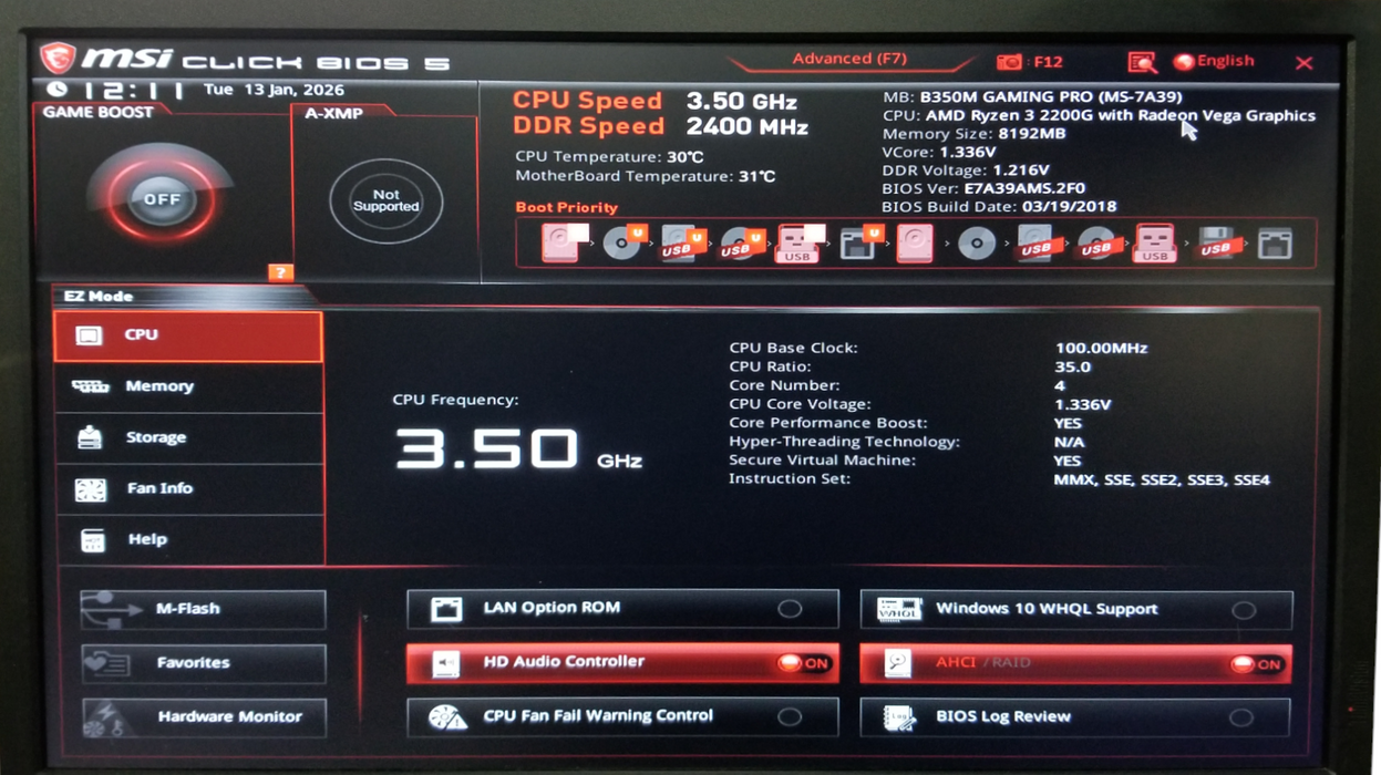 Custom PC MSI B350M-Gaming-Pro AMD Ryzen 3 2200G 8GB RAM 256GB NVMe