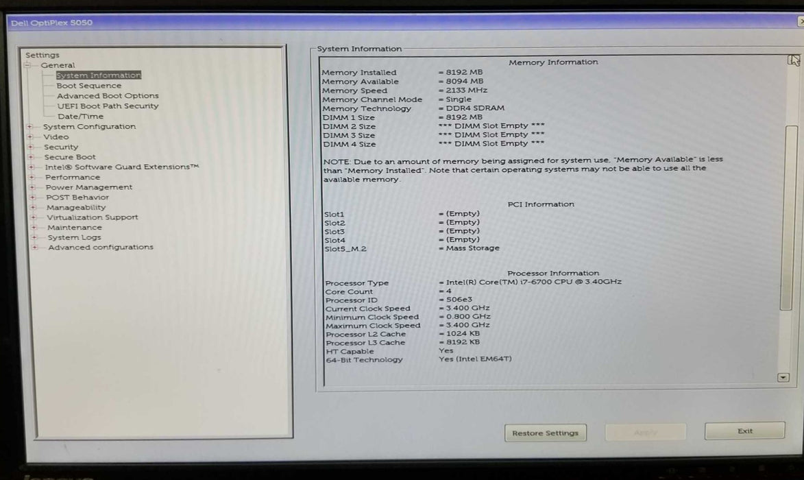 Dell OptiPlex 5050 Intel Core i7-7600 @3.40Ghz 8GB DDR4 256GB NVMe