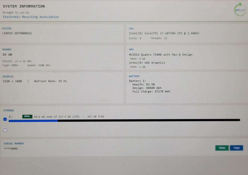 Lenovo ThinkPad P1 Gen 3 i7-10750H 16GB DDR4 Quadro T1000 MaxQ 256GB NVMe READ