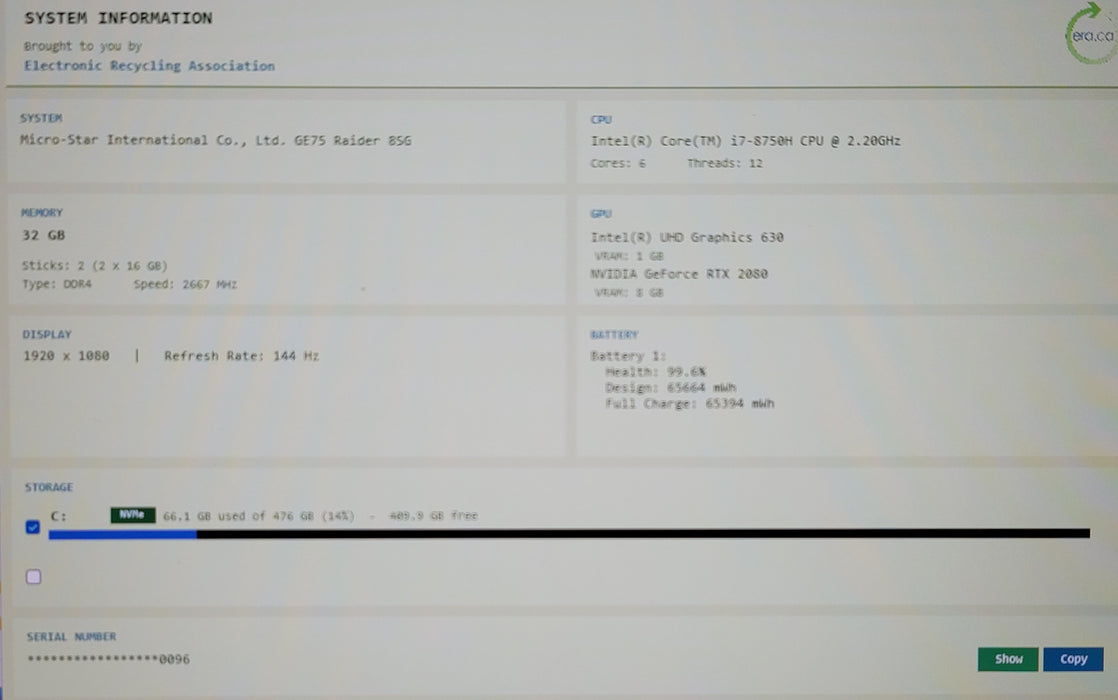 MSI Raider GE75 i7-8750H 32GB DDR4 RTX 2080 512GB NVMe No Adapter