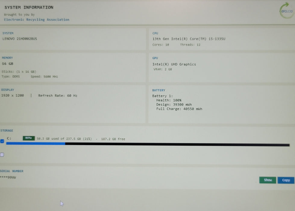 Lenovo ThinkPad T14 Gen 4 i5-1355U 16GB DDR5 256GB NVMe Touch