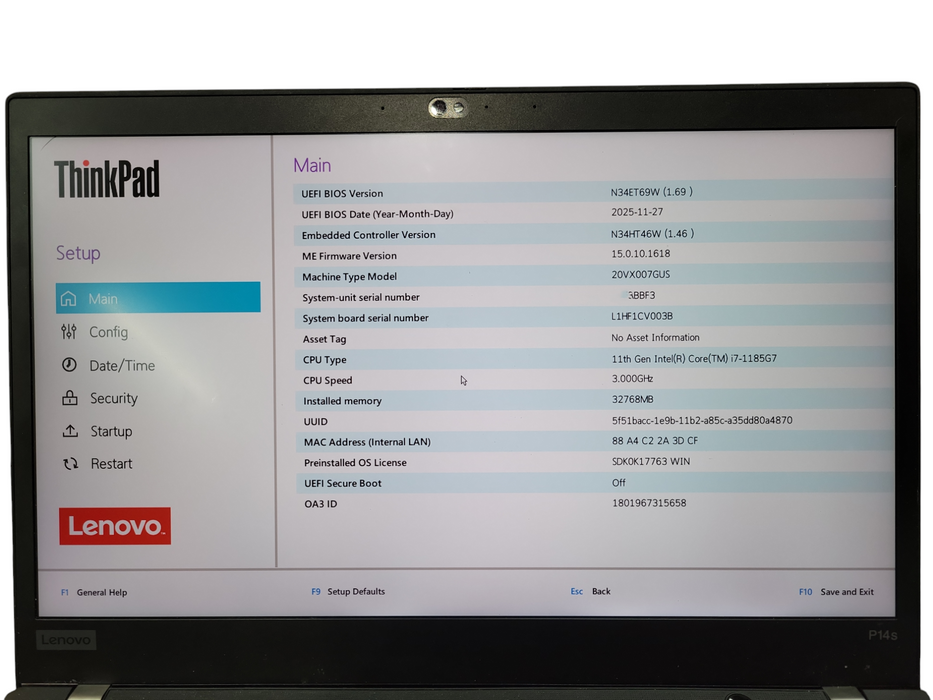 Lenovo ThinkPad P14s Gen 2 i7-1185G7  32GB RAM 256GB SSD