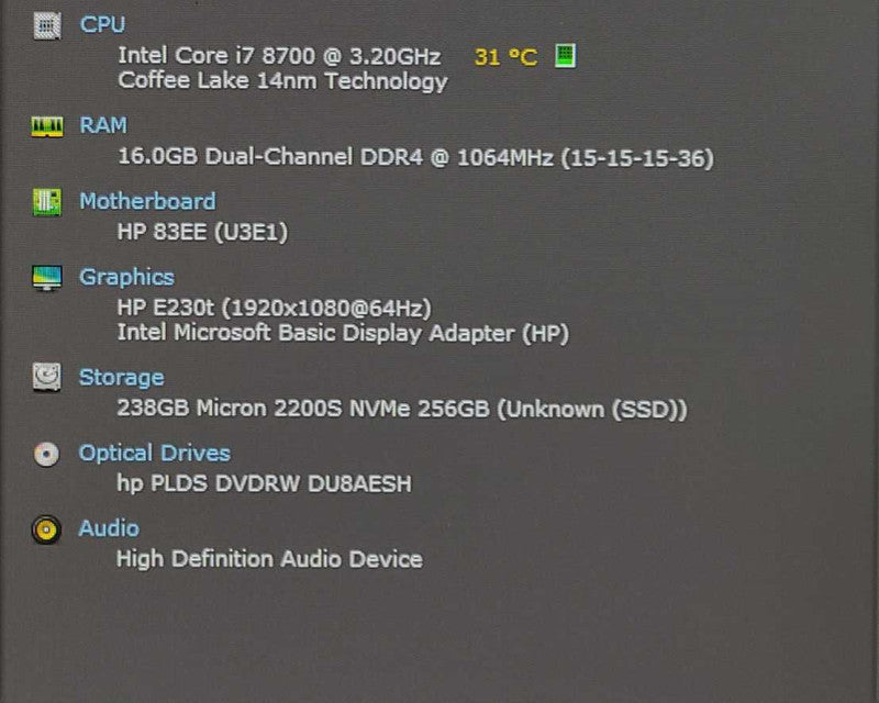 HP ProDesk 600 G4 SFF, Intel i7-8700 3.20GHz, 16GB DDR4, 256GB NVME