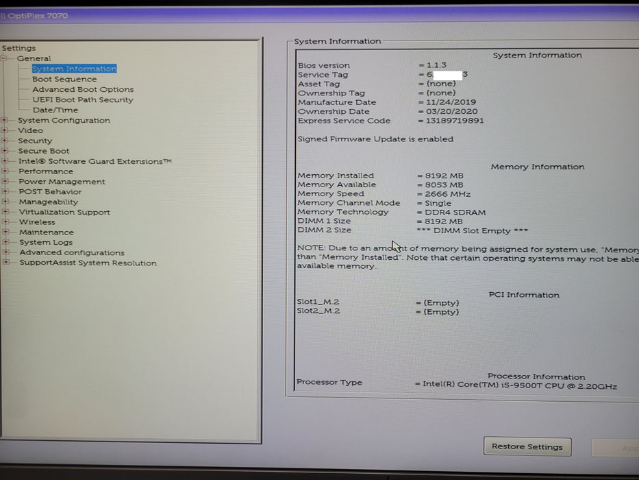 Dell OptiPlex 7070 Micro Core i5 - 9500T 2.20GHz 8GB DDR4, 250GB SSD, SEE Detail