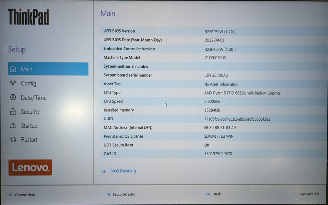 Lenovo ThinkPad T14 Gen 3, Ryzen 5 Pro 6650U, 16GB DDR5, 256GB NVME W/AC