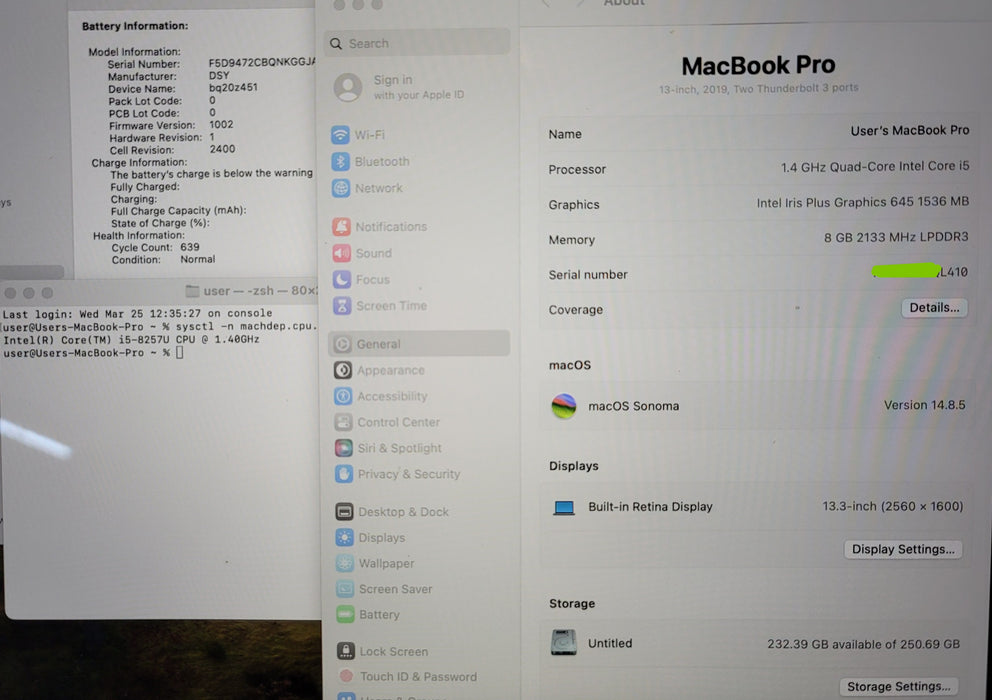 Apple MacBook Pro 13"  2019 A2159 i5-8257U 8GB RAM 256GB SSD READ