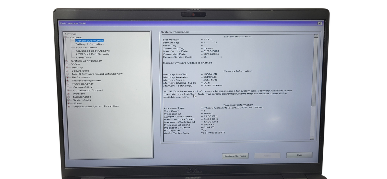 Dell Latitude 7410 i5-10310U CPU | 16GB DDR4 RAM| 256GB NVMe W/AC