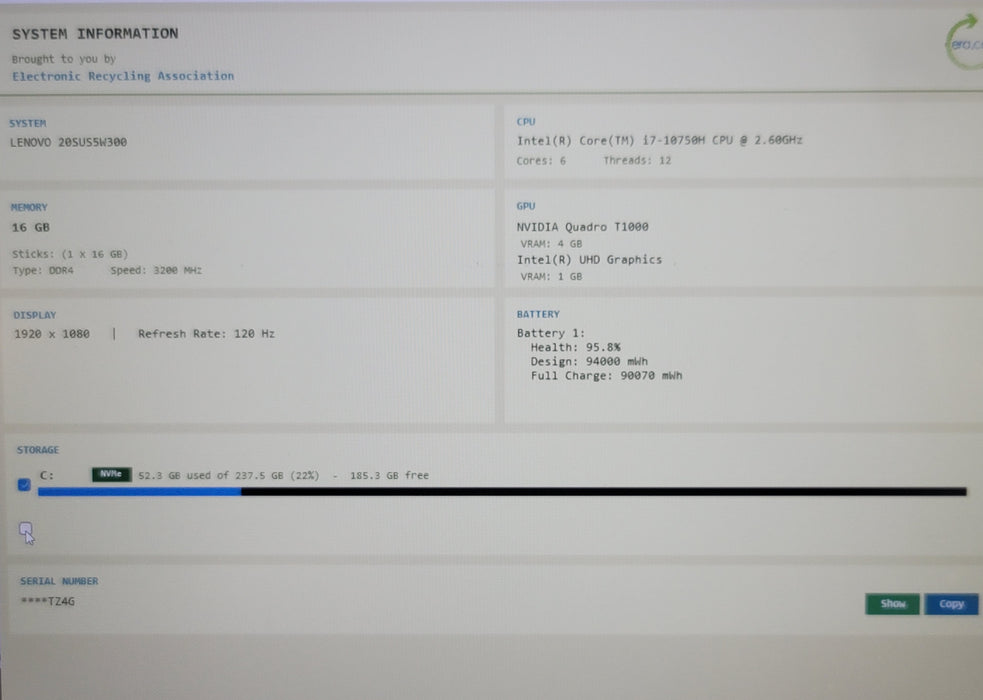 Lenovo ThinkPad P15 i7-10750H 16GB DDR4 Quadro T1000 256GB NVMe READ