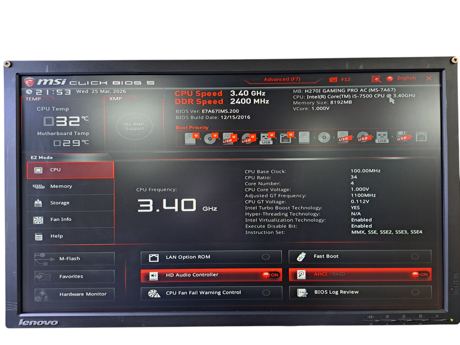 Custom PC | MSI H270I Gaming PRO AC w/ Intel Core i5-7500 CPU, 8GB DDR4, No HDD