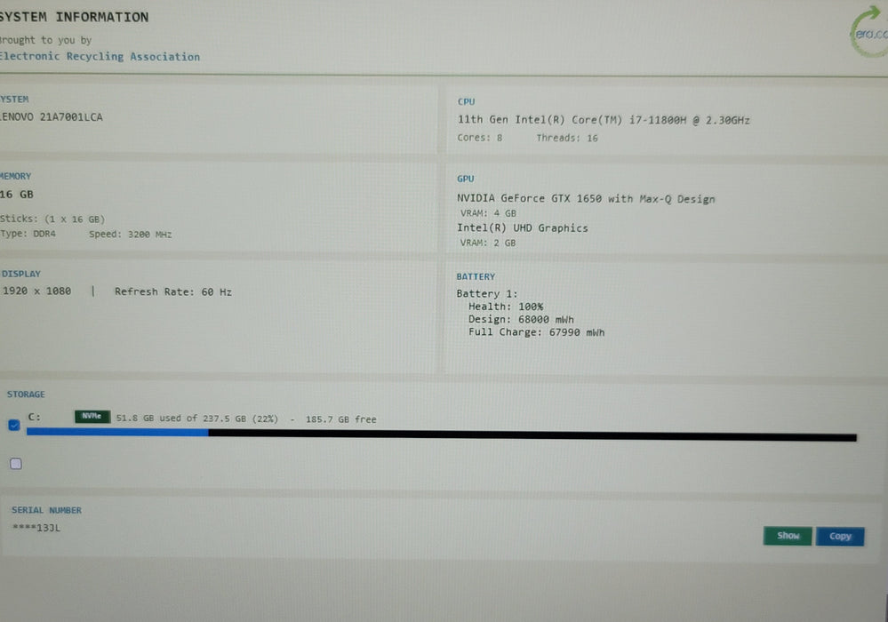 Lenovo ThinkPad T15p Gen 2 i7-11800H 16GB DDR4 GTX 1650 256GB NVMe