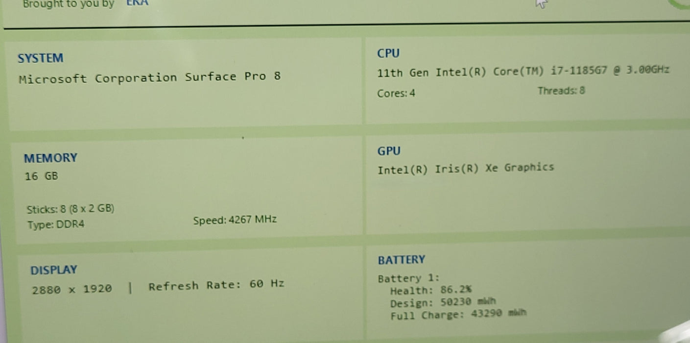 Microsoft Surface Pro 8 1983 i7-1185G7 CPU | 16GB DDR4 | 240GB SSD | READ